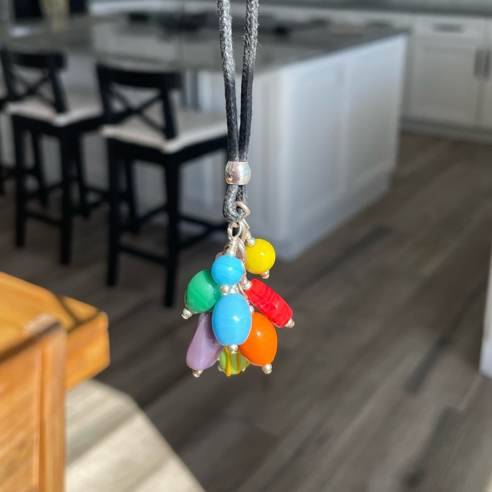Handmade Multicolor Glass Beaded Grape Necklace Pendant on 18” Black Cord